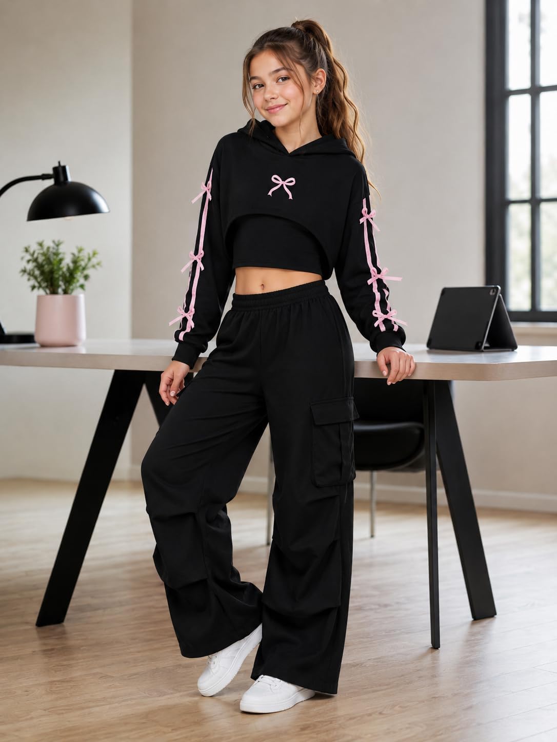 Tween Girls Clothes 3 Piece Cropped Hoodie + Cami Top + Cargo Pants Fall Spring Cute Outfits Size 7-14Y image 5