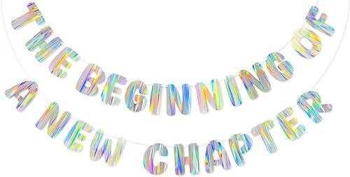 Iridescent The Beginning of a New Chapter Banner, Holographic Pre-Strung Party Decoration for Graduation, Farewell, Going Away, Retirement