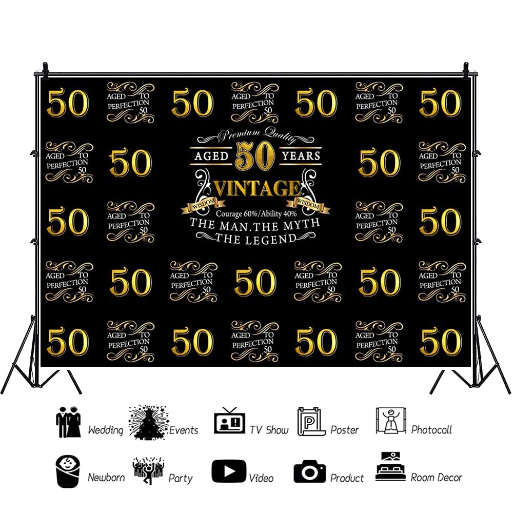 OERJU 12x10ft Happy 50th Birthday Backdrop for The Man The Myth The Legend Birthday Party Background Banner Black Gold Photography Photo Aged 50 Years Fifty Birthday Back Drops Vinyl Studio Props
