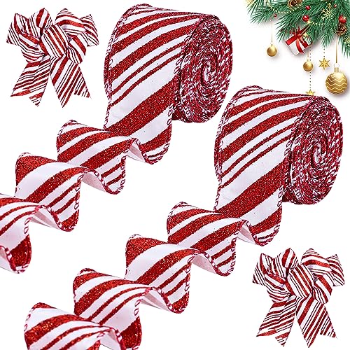 Whaline 2 Rolls 20 Yards Christmas Wired Edge Ribbons Glitter Red White Stripes Ribbon Christmas Candy Cane Gift Wrapping Ribbons for DIY Wreath Floral Arrangement Bow Decoration Supplies 1.5 Inch