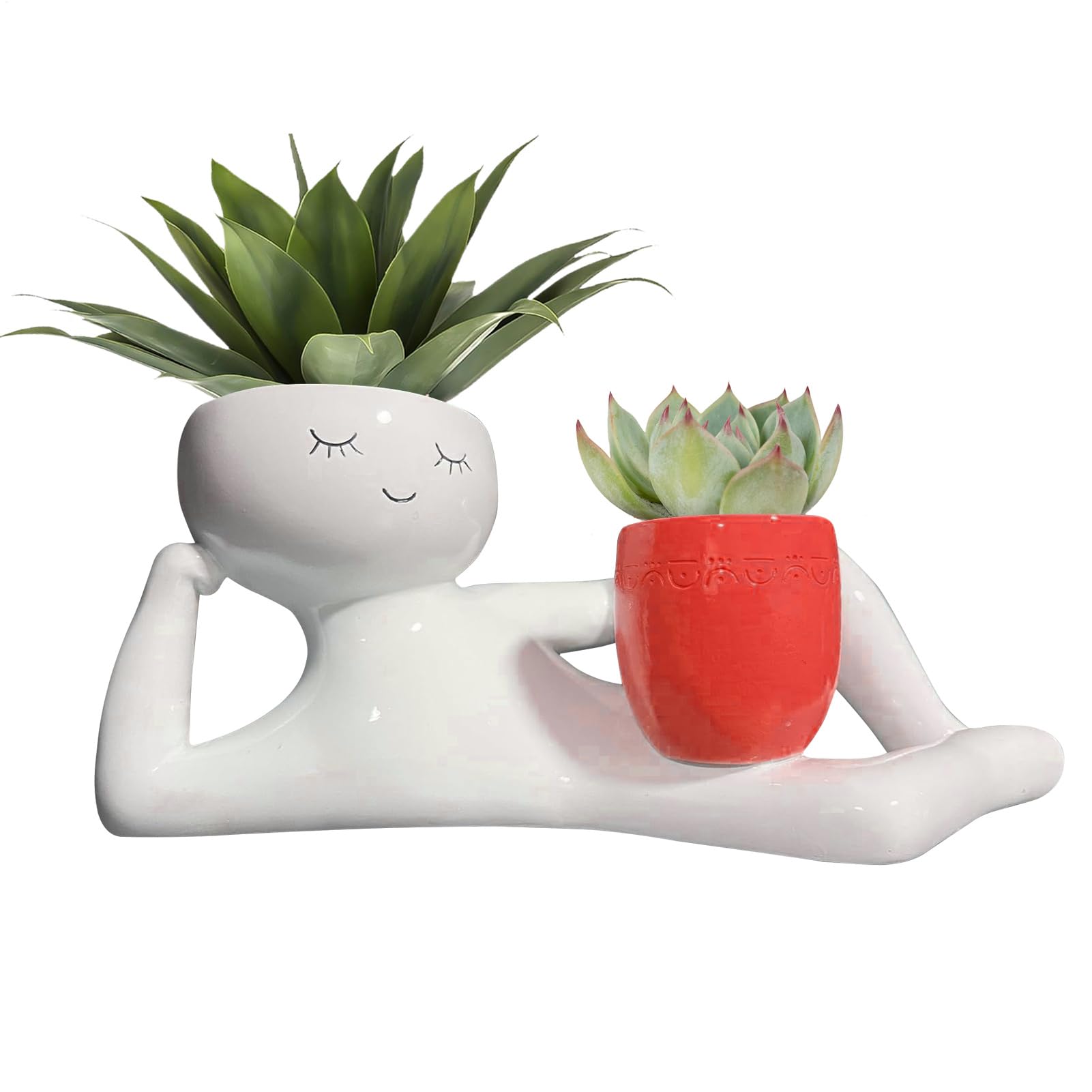 Shouxiut Relaxing Person Holding Pot,Lazy Guy Planter Succulent Plant Pot,Lying Down Figure,Human Shaped Flower Pot,Garden Resin Flowerpot Planter Succulent Pots Flower Container For Outdoor Indoor