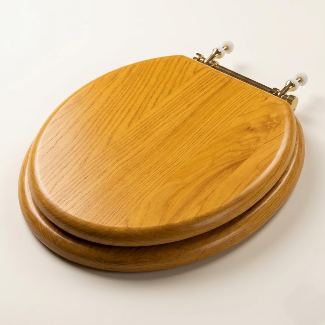 Renovators Supply Manufacturing™ Light Oak Wooden Round Toilet Seat with Brass PVD Hinges – Solid Hardwood, Durable Cross-Frame Design
