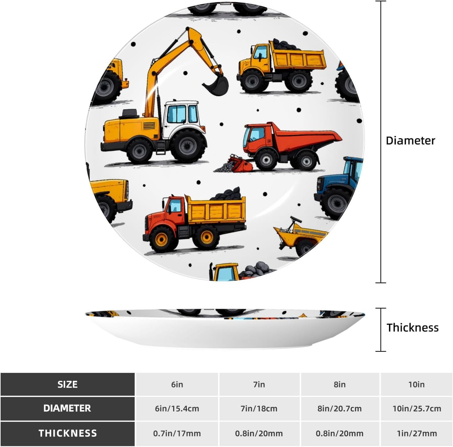 Construction Vehicle Pattern Style Ceramic Plate Display Decorative Plate With Stand Wall Hanging Plate For Home Decor 10 Inch