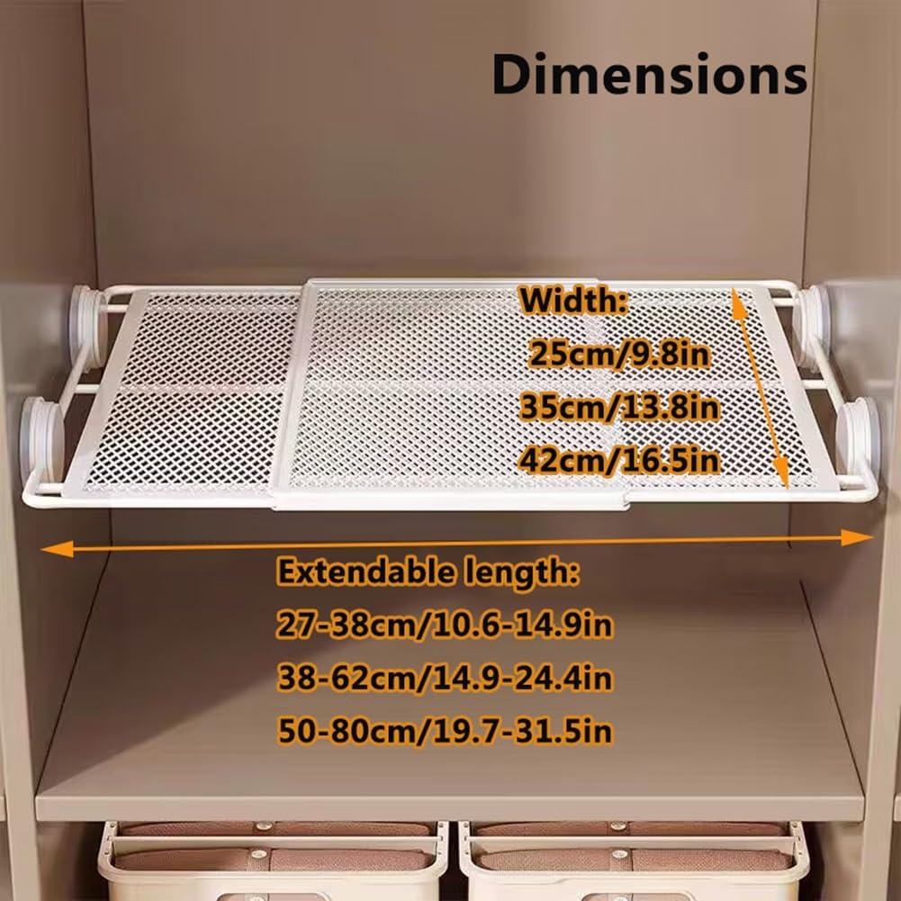 No-Drill Extendable Wardrobe Shelf Divider, Adjustable Cupboard Tension Storage Organiser Rack for Kitchen Bathroom and Bedroom Storage(W13.8*L10.6-14.9 in)