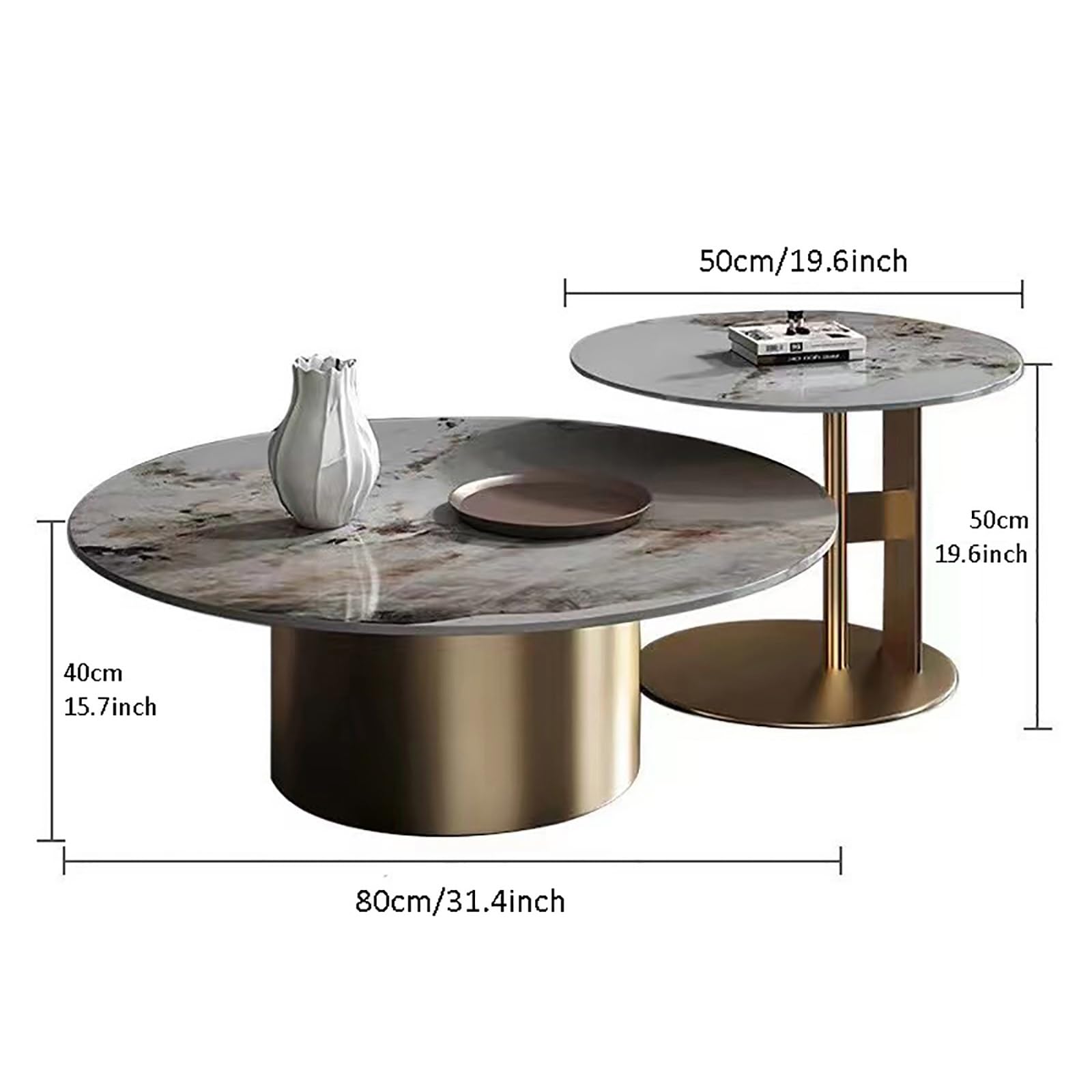 Nowoczesny marmurowy stolik kawowy, zestaw 2 okrągłych stołów z połowy wieku do salonu, stylowe stoliki końcowe z metalową podstawą, elegancki stolik centralny do recepcji