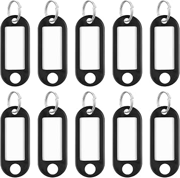 Uniclife 10 Pieces Key Tags 2 Inch Soft Plastic Key Chain Tags with Blank Paper Labels Clear Windows Protective Films and Split Rings Flexible Item Identifiers, Black