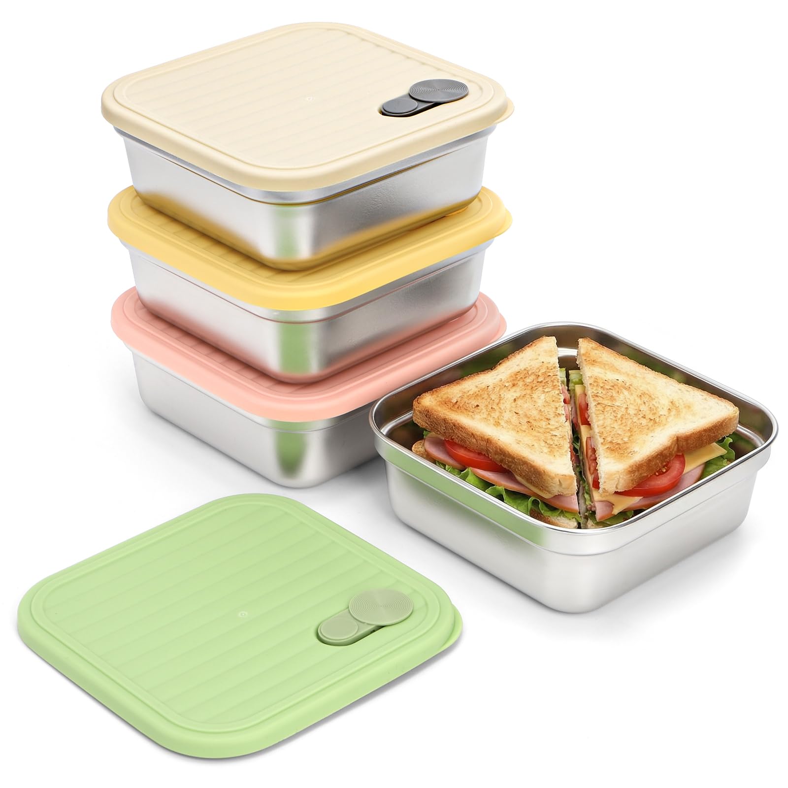 Hiceeden 4 Pcs Stainless Steel Sandwich Container, 21oz / 350ml Metal Lunch Boxes with Lids for Meal Prep, Snacks, Fruits, BPA-Free Food Storage Containers for Office, Travel, 4 Colors, Square