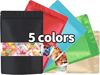 100pcs 4"x6" Mylar Bags with Matte Window for Food Storage,5 Colors Mixed Smell Proof Bag Resealable Food Storage Bags for Home Small Business, Stand-up Foil Pouch for Packaging Freeze Dried Candy