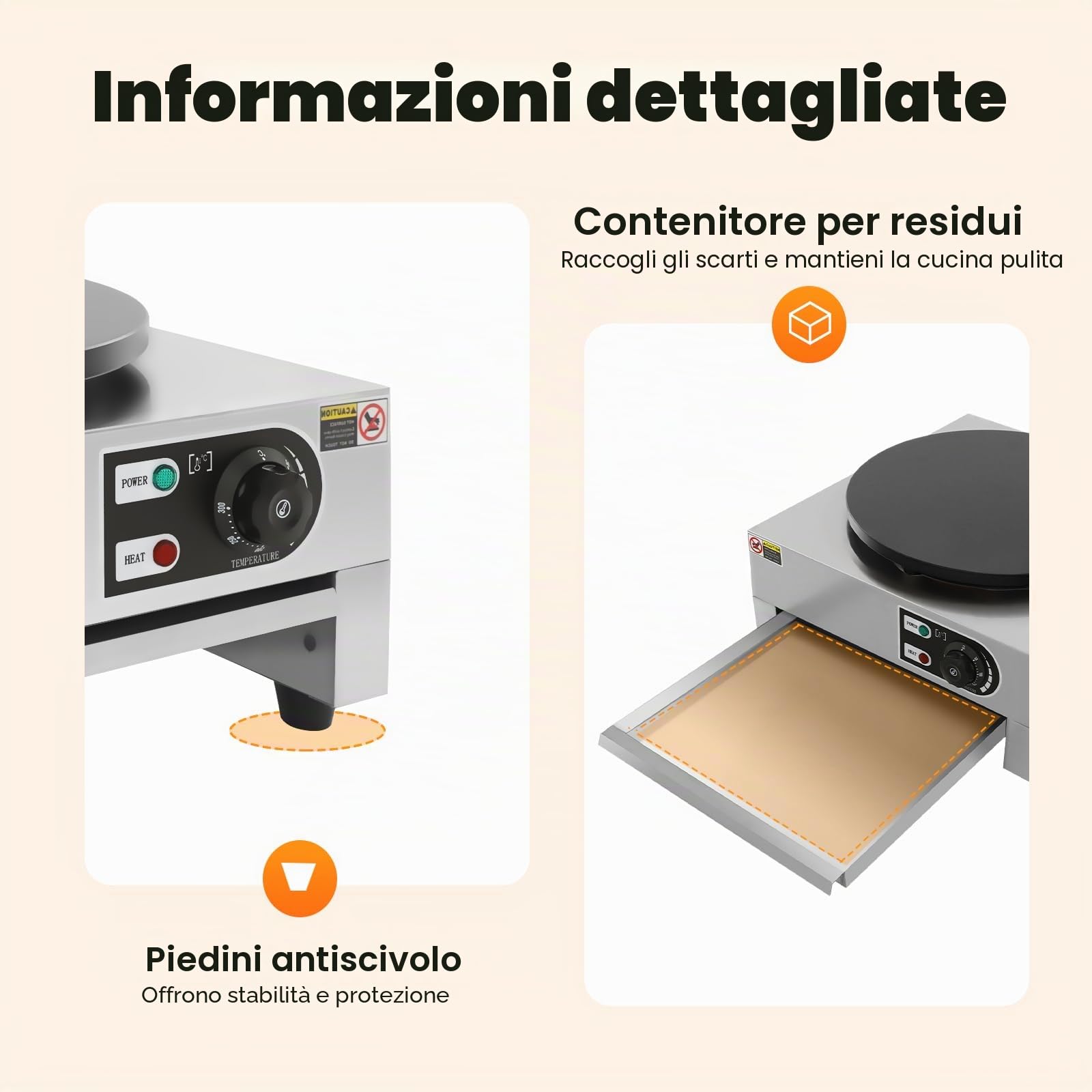 Crepe maker elettrico 40 cm 3 KW 50-300 °C vassoio estraibile termostato integrato