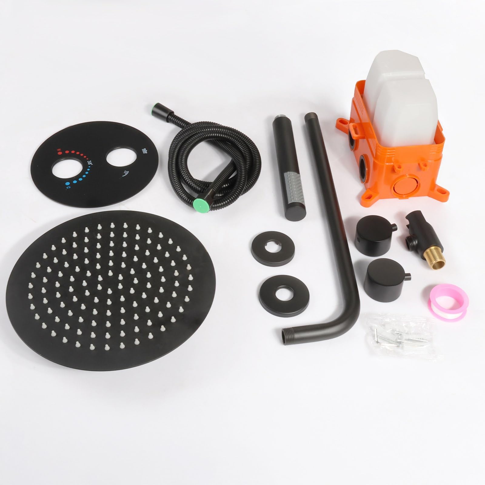 SaniteModar Unterputz Duscharmatur Set mit Thermostat, Schwarz | Rund. 25cm Regendusche, 1,5m Schlauch; leichtreinig. Silikon-Düsen; verstecktes Design; keine Wandbeschädigung bei Rep