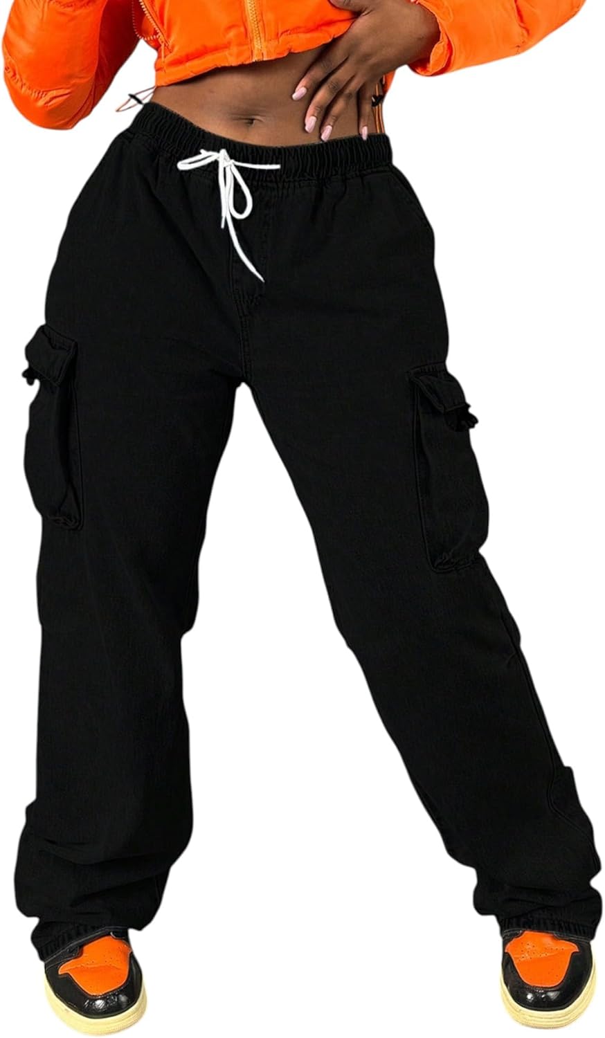 Women's Elastic Waist Jean Cargo Pants Mid Waisted Casual Pants Baggy Wide Leg Flap Pocket Pants Straight Jeans