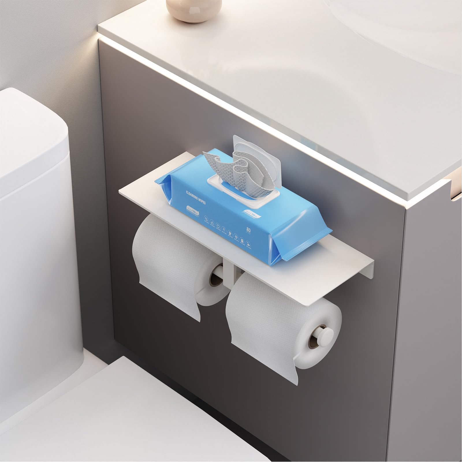 Porte-papier toilette double avec étagère, support mural pour papier toilette, distributeur de papier toilette commercial, blanc