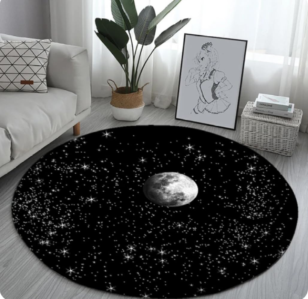 REIPOL Tapis Rond Noir Ciel étoilé, Moderne, pour Salon, Chambre à Coucher, Bureau, Tapis de Sol, décoration de Sol étoile et Lune 100cm