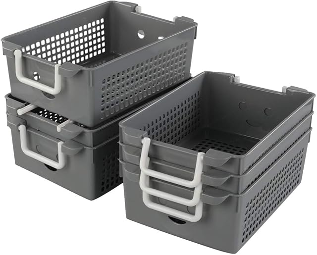 Ucake Office Stackable Plastic Storage Basket with Carry Handles, Plastic Sink Basket, Grey, 6 Packs