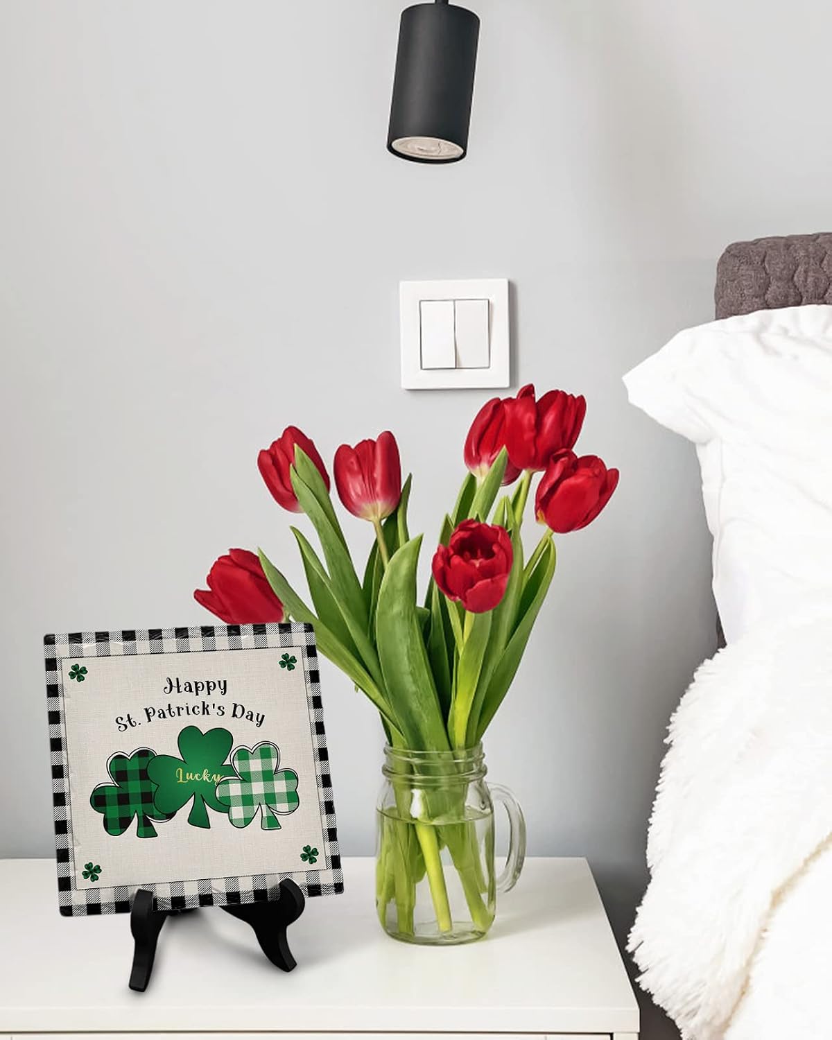 St Patricks Day Ceramic Plaque with Wooden Stand, Buffalo Plaid Shamrock Check Black White Spring Decorative Desk Decor Sign Memorial Gifts for Office Home Party