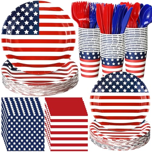 Sunnychicc 400 Pcs American Flag Party Supplies Plates Serves 50, Stylish
