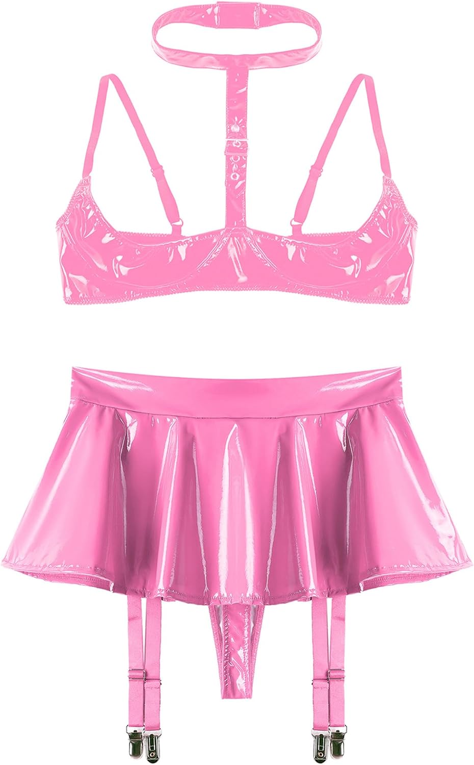 Women's 2Pcs Shiny Liquid Bra Crop Tops Built-in Briefs 4 Adjustable Garter Belt Mini Skirts