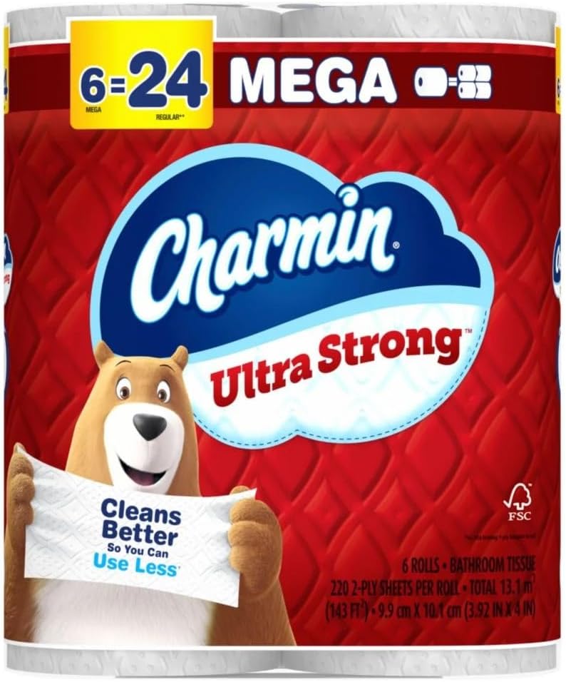 Charmin Ultra Strong Toilet Paper, 6 Mega Rolls = 24 Regular, 2-Ply Diamond Weave, 4X Stronger Wet, Septic Safe