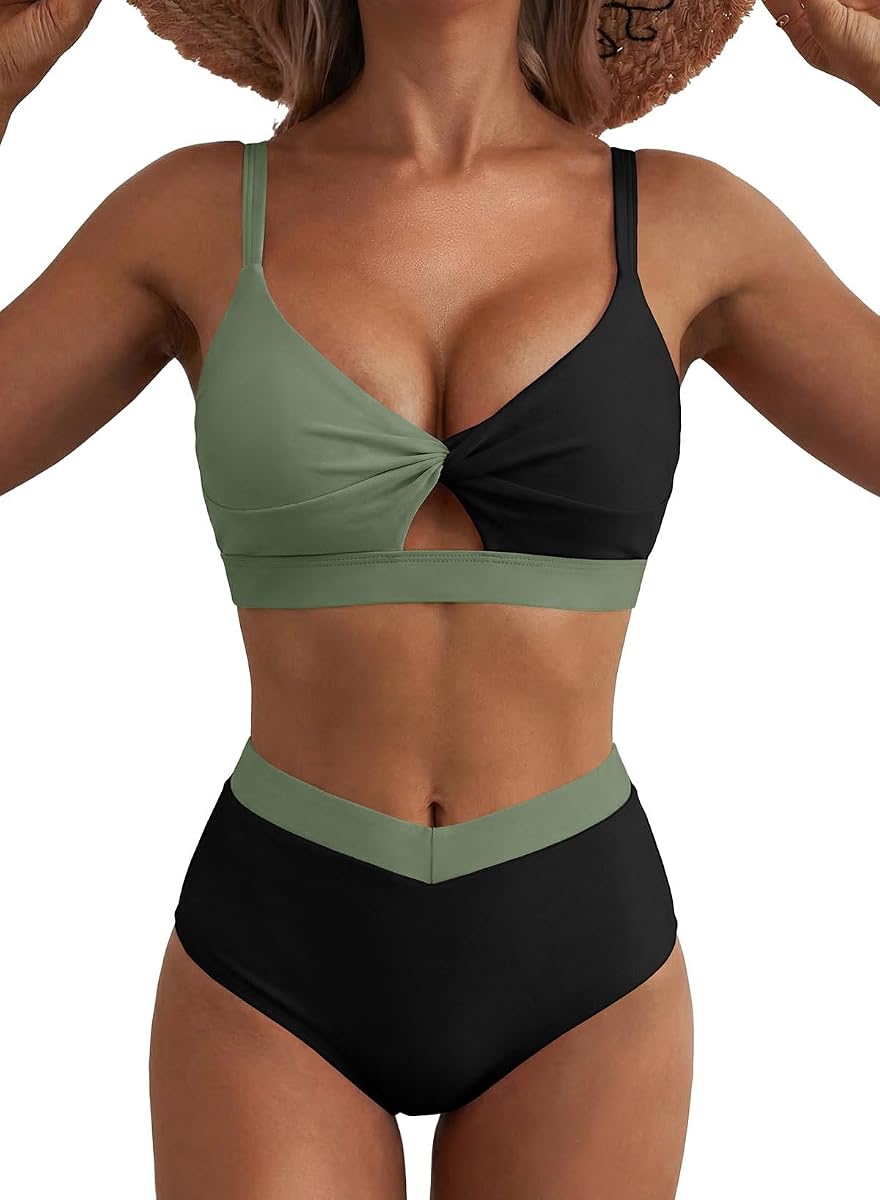 Womens High Waisted Bikini Sets Twist Color Block 2 Piece Swimsuit