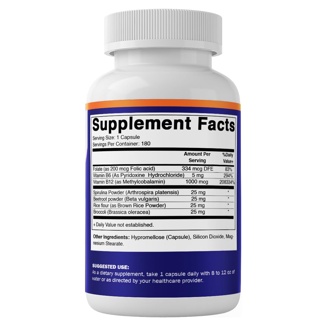 Vitamatic Vegan B12 1000 mcg - Methyl B12 with Folic Acid, Vitamin B6, Spirulina, Beet Root, Broccoli & Brown Rice - Supports Healthy Mood, Energy, Heart & Eye Health - 180 Capsules — Amazon image 8