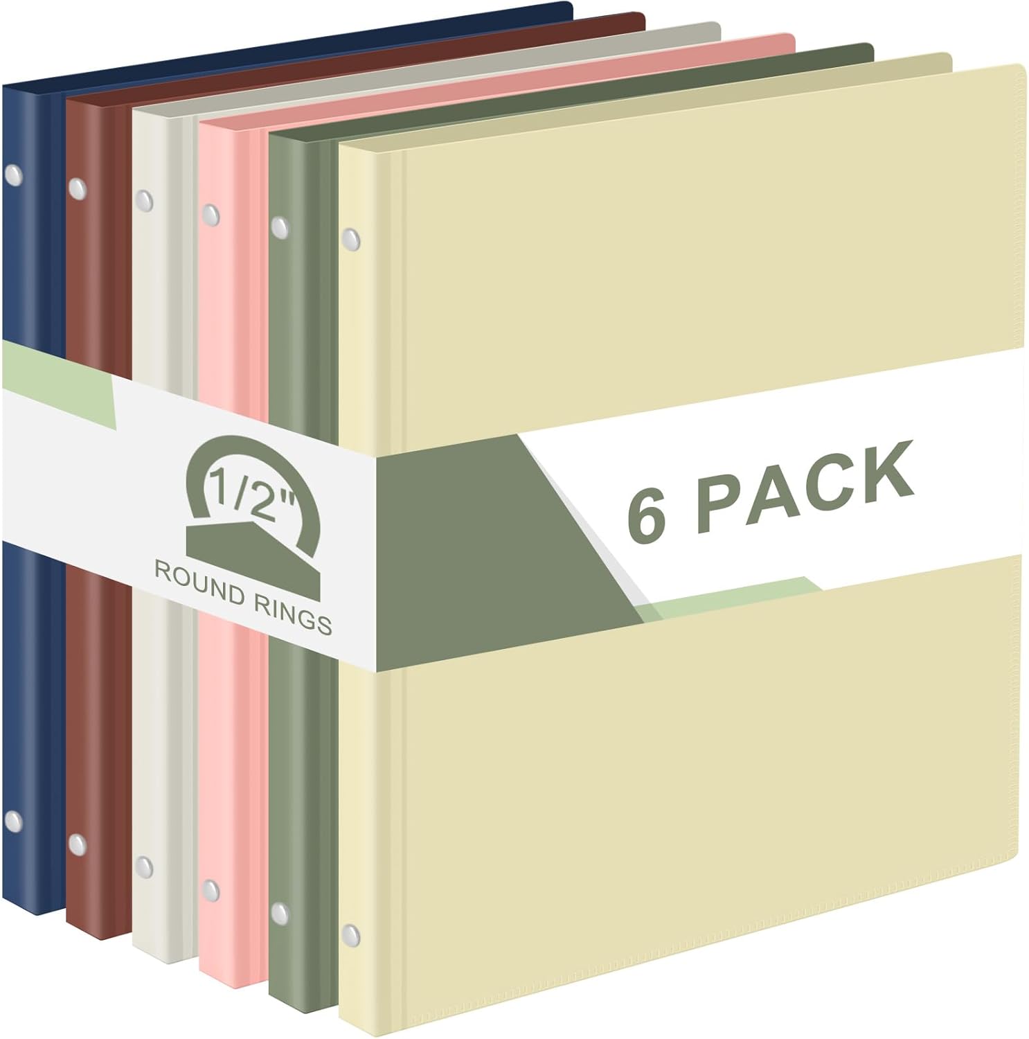 Fulmoon 6 Pack Plastic 3 Ring Binder Assorted Colors Economy Flexible Round Ring Presentation Binders with Pocket for Office School Meeting(0.5 Inch,Morandi Colors)