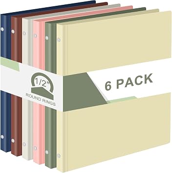 Fulmoon 6 Pack Plastic 3 Ring Binder Assorted Colors Economy Flexible Round Ring Presentation Binders with Pocket for Office School Meeting0.5 Inch,Morandi Colors
