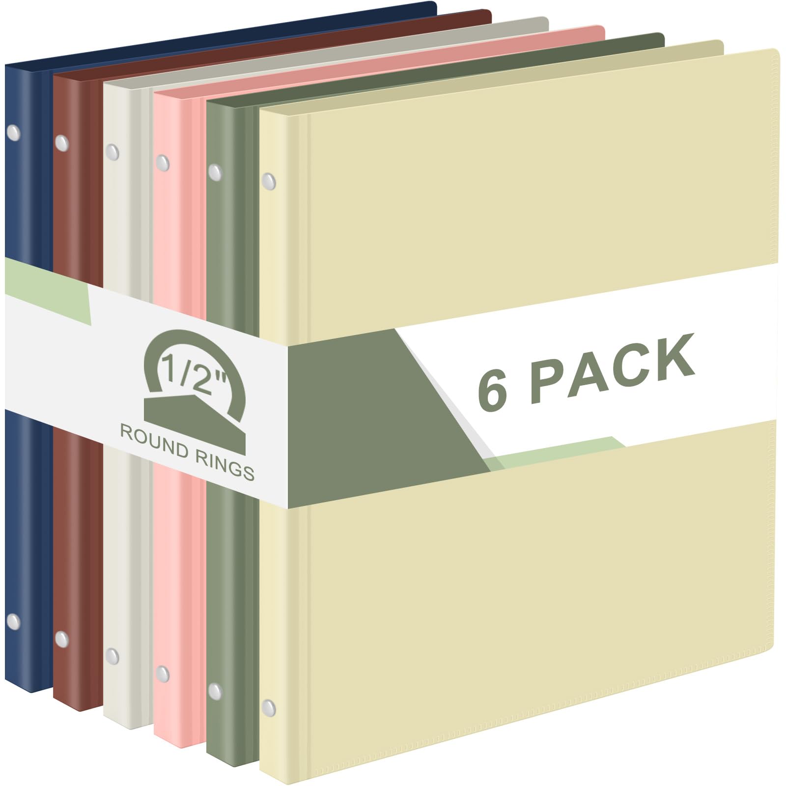 Fulmoon 6 Pack Plastic 3 Ring Binder Assorted Colors Economy Flexible Round Ring Presentation Binders with Pocket for Office School Meeting(0.5 Inch,