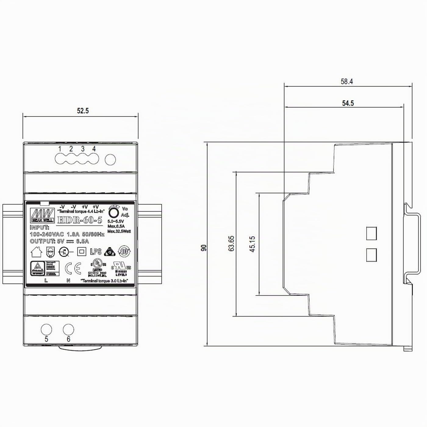 MeanWell HDR-60-48 60W 48V 1,25A Alimentation Din Rail DIN-RAIL