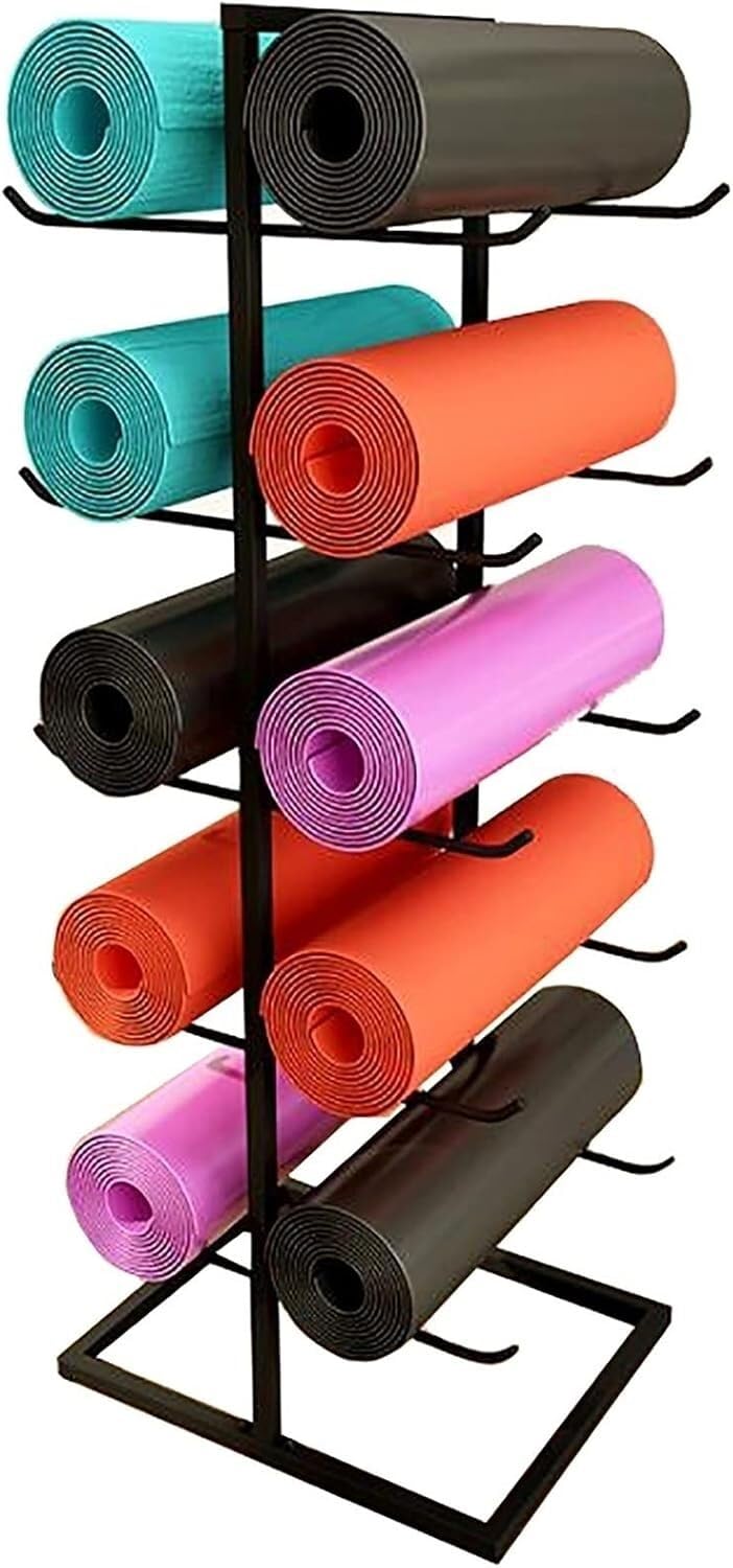 Support tapis yoga rouleau en mousse présentoir métal noir 5 niveaux