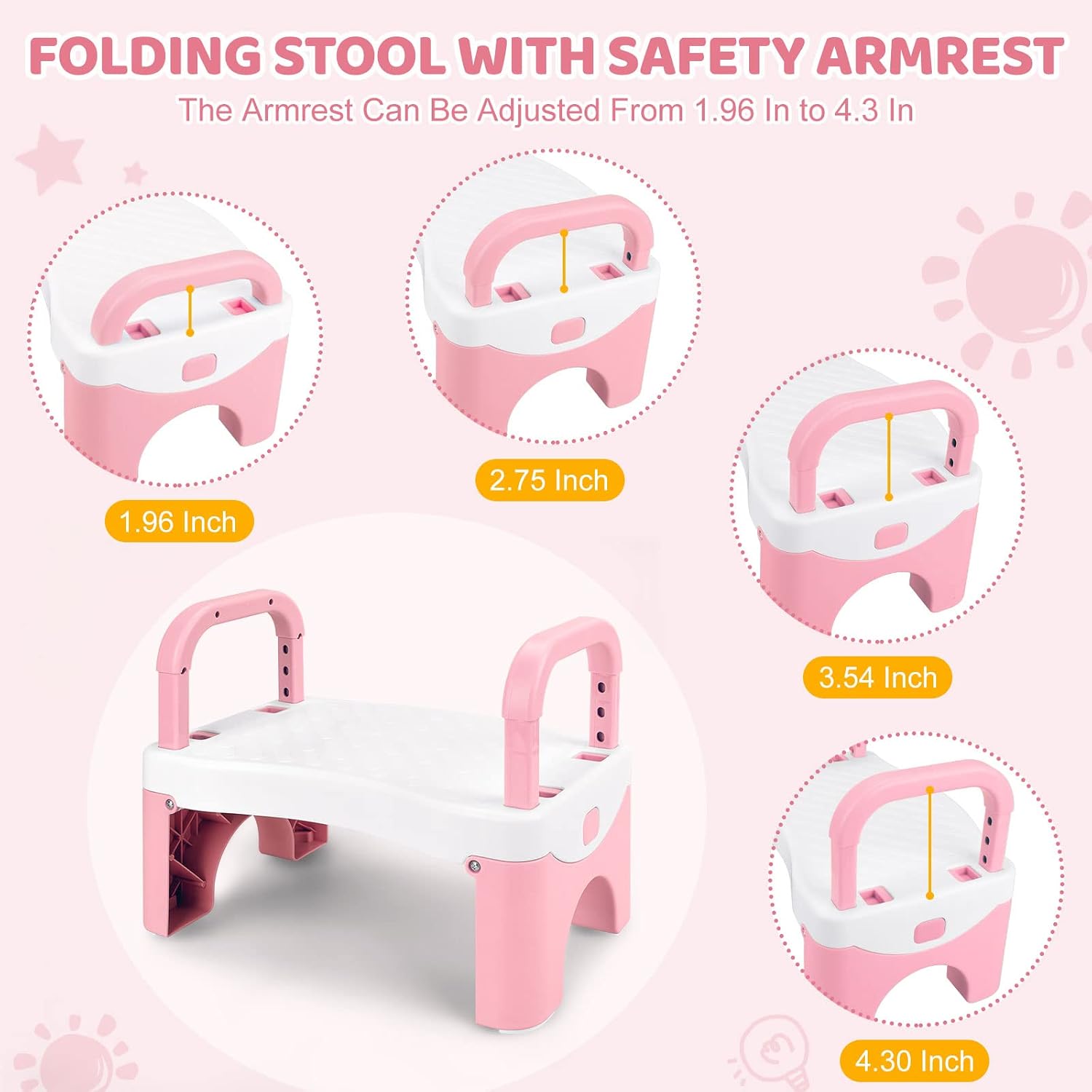 Toddler Step Stool, Foldable Step Stools for Kids, Non-Slip Toddler Stool, Coindivi Toddler Stool with Handle, Kids Step Stools for Toddlers Bathroom, Toilet, Sink, Sitting, Pink Plastic Kids Stool