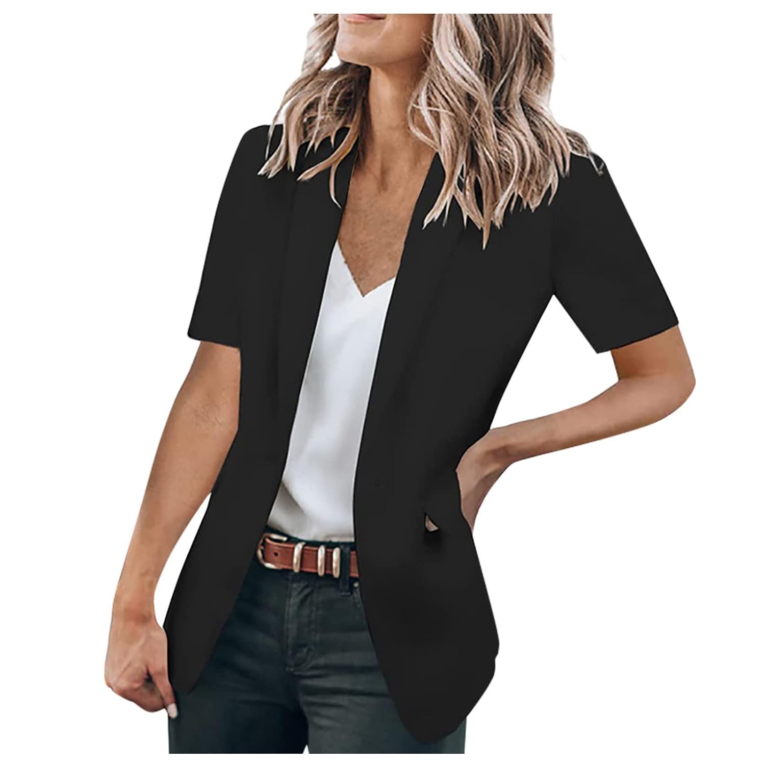 Womens Short Sleeve Blazer Business Casual Lapel Open Front Suit Jacket Lightweight Work Office Work Suits