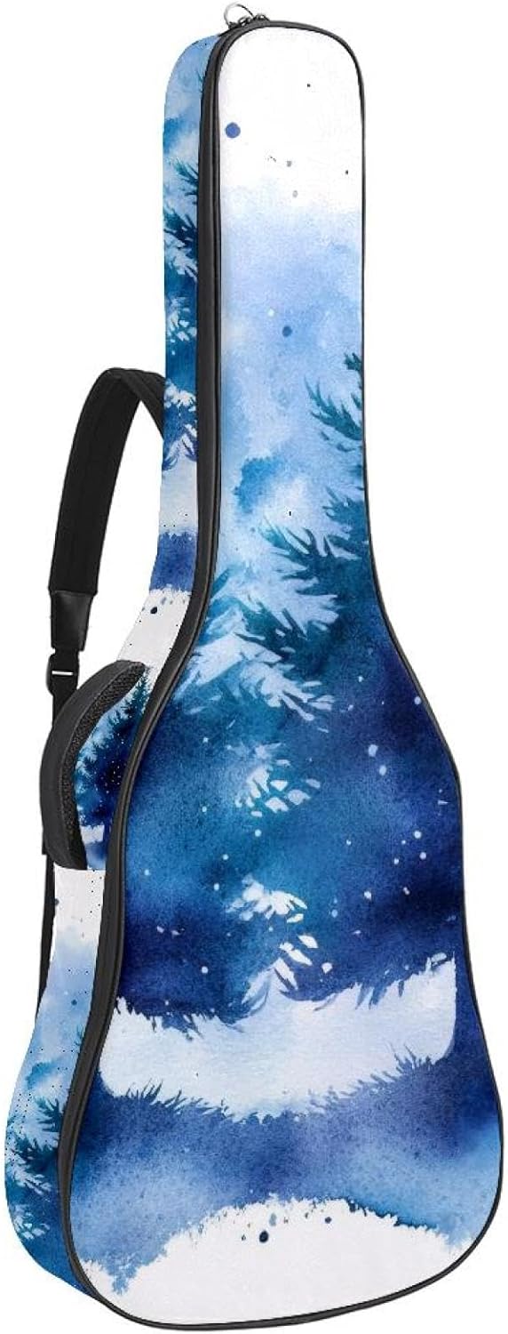 Watercolor Christmas Fir Trees Abstract Blue Silhouettes Acoustic Guitar Gig Bag, 1 cm Thick Padding Waterproof Guitar Bag Backpack for 40 41 42 Inch Electric Bass Classical Guitars