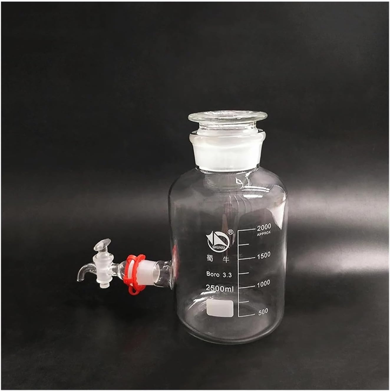 Laboratory aspirator bottle 2500ml,Wide mouth,Clear with tick marks,With ground-in glass stopper and stopcock
