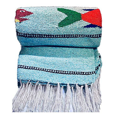 Baja Trader Serape Mexican Blanket, Yoga Mat, Camping Blanket, Beach Blanket, Picnic Blanket, Handmade Woven Throw Blanket, Home Decor, Car Blanket (Fish) (Ice)