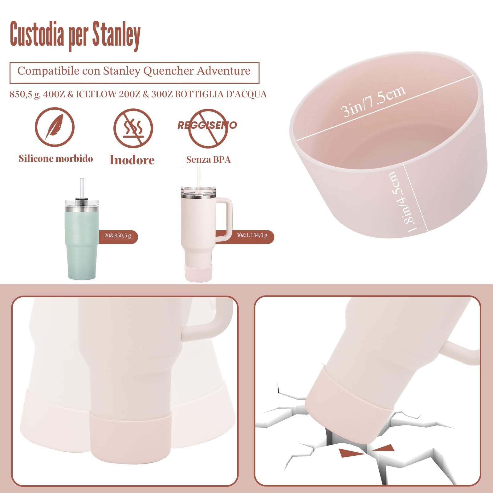 FOSFUKEER Set di accessori per Stanley Cup, contiene 6 tappi in silicone a tenuta stagna, 2 coperchi per cannuccia, 1 custodia in silicone per Stanley Cup da 1,2 l e 850 ml, tazze non incluse (Quarzo