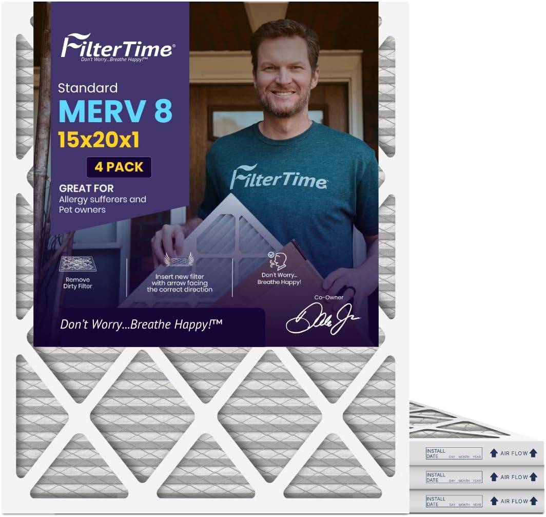 FilterTime 15x20x1, AC Furnace Air Filter, MERV 8, 4-Pack (exact dimensions 14.5 x 19.5 x 0.75), AC Filter, Furnace Filter, Home Air Filter Made in USA.