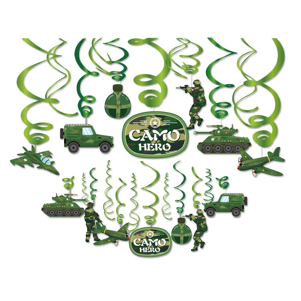 Kristin Paradise 30Ct Camo Hanging Swirl Decorations, Army Party Supplies, Camouflage Military Birthday Theme Decor for Kids Boy Girl Baby Shower,