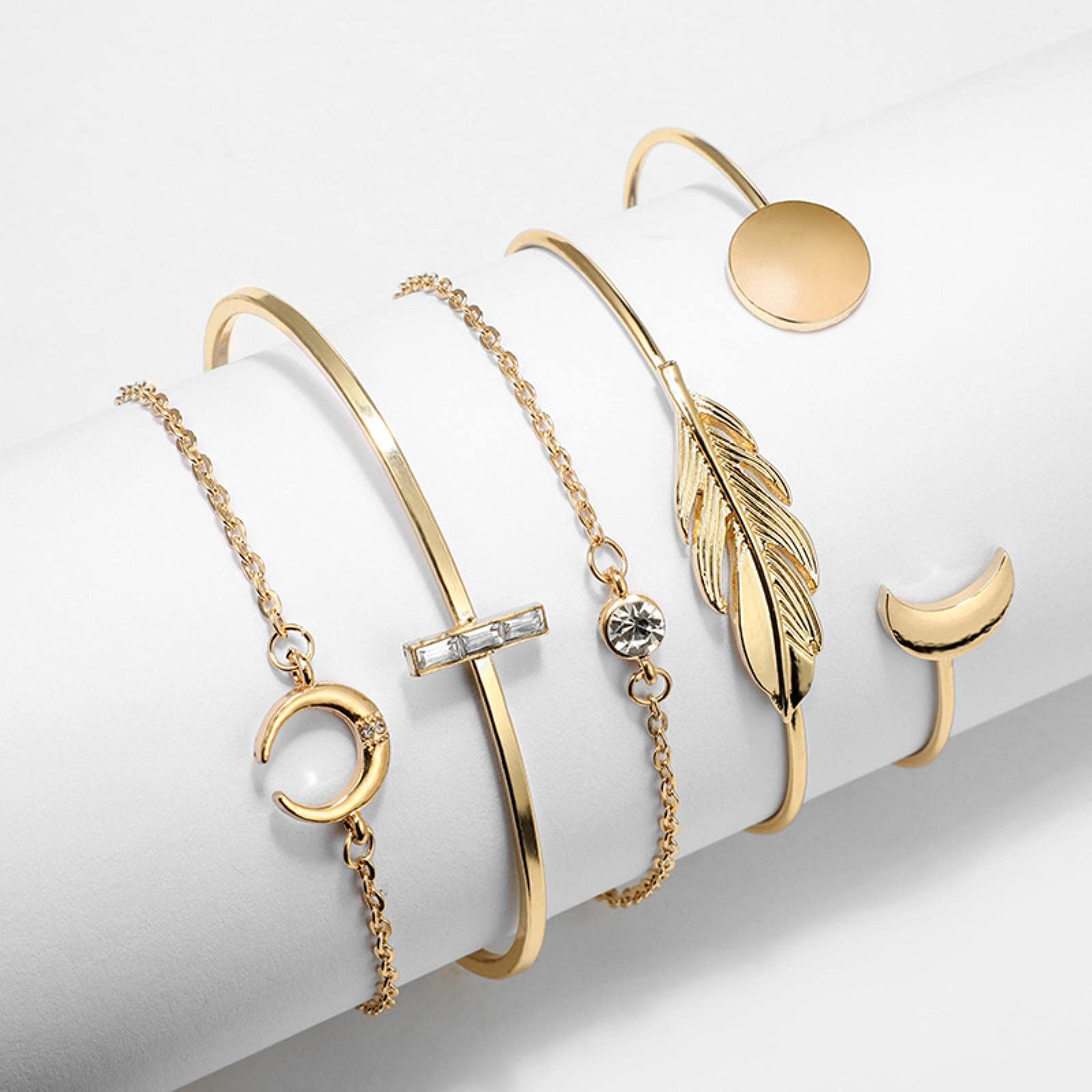 bransoletka w stylu bohemy, Czeska złota bransoletka z kryształowym liściem księżyca i opalem otwartym łańcuszkiem dla kobiet, luksusowa Bangle Femme Jewelry Gift