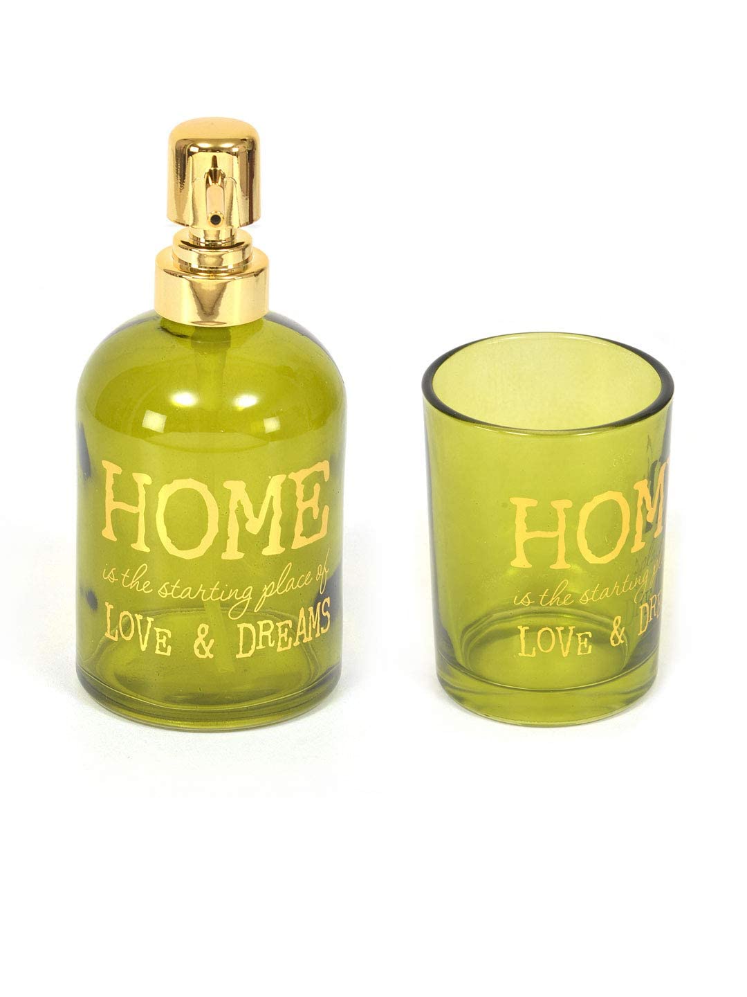 @home by Nilkamal Home Bath Print Glass Bathroom Accessories Set| for Bathroom Décor, Countertop Organizer & Gifting |Set of 1 Soap Dispenser, 1 Tumbler|Size - 10 cm x 17 cm|Emrald & Gold