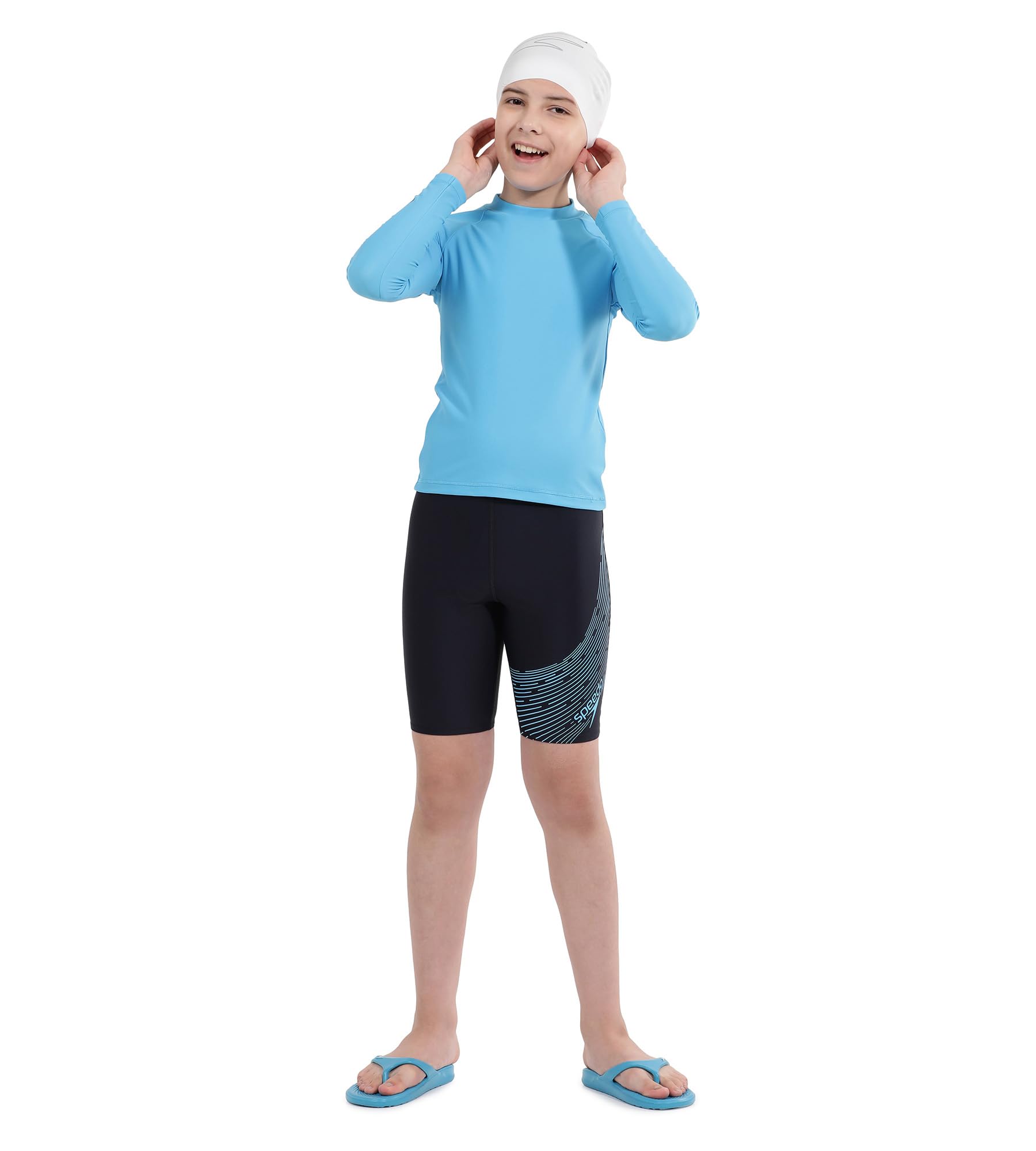 Speedo Boy's Recycled Endura Brite High Chlorine Resistant UPF 40+ Sun Protection Long Sleeve Suntop - Picton Blue & Black 1
