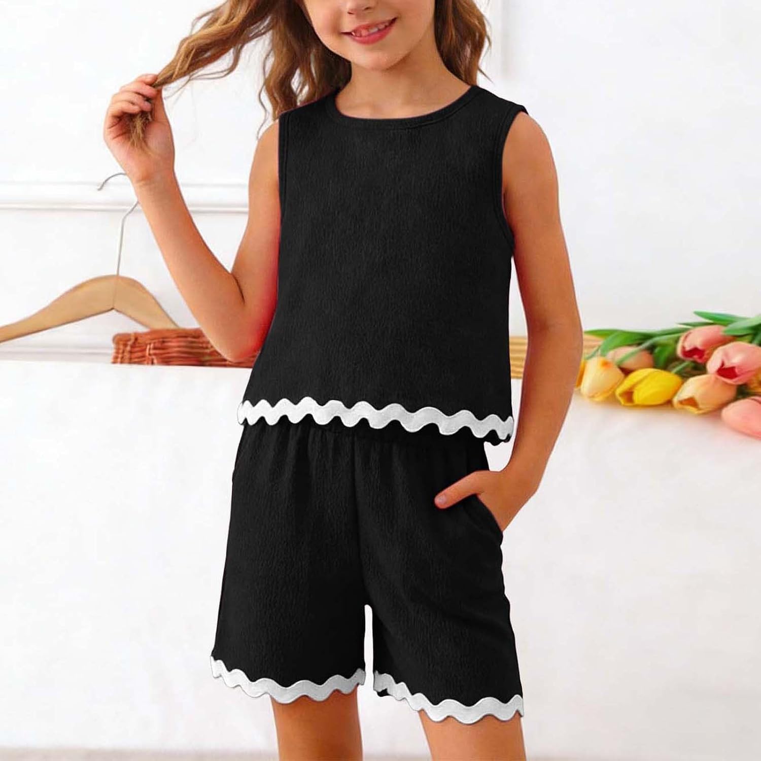 Girls Clothes Sleeveless Crewneck Loose Fit Tank High Elastic Casual Daily Short Summer Clothing Set for Homecoming