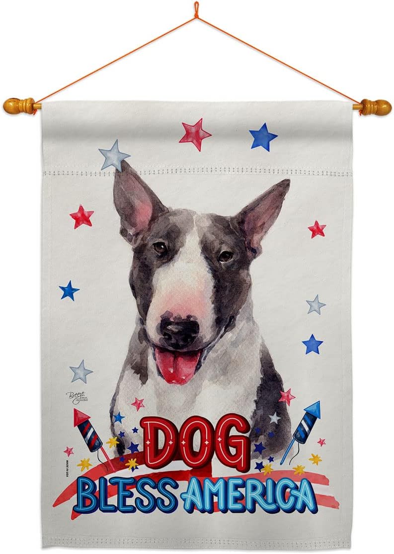 Breeze Decor Patriotic Bull Terrier House Flag Dowel Set Dog Puppy Spoiled Paw Canine Fur Pet Nature Farm Animal Creature Decoration Banner Small Garden Yard Gift Double-Sided, Made in USA