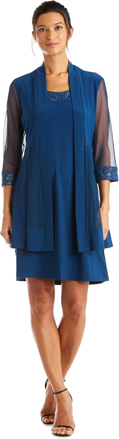 R&M Richards Women's Petite Glitter Trim Jacket Dress 2X Peacock