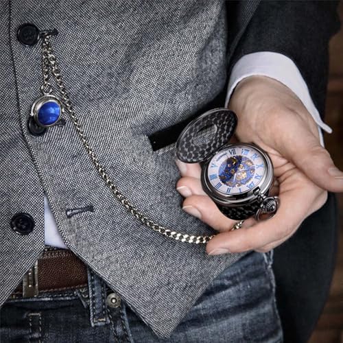 Image of ManChDa Mechanical Roman Numerals Dial Skeleton Pocket Watches with Luxury Wooden Box and Chains for Mens Women