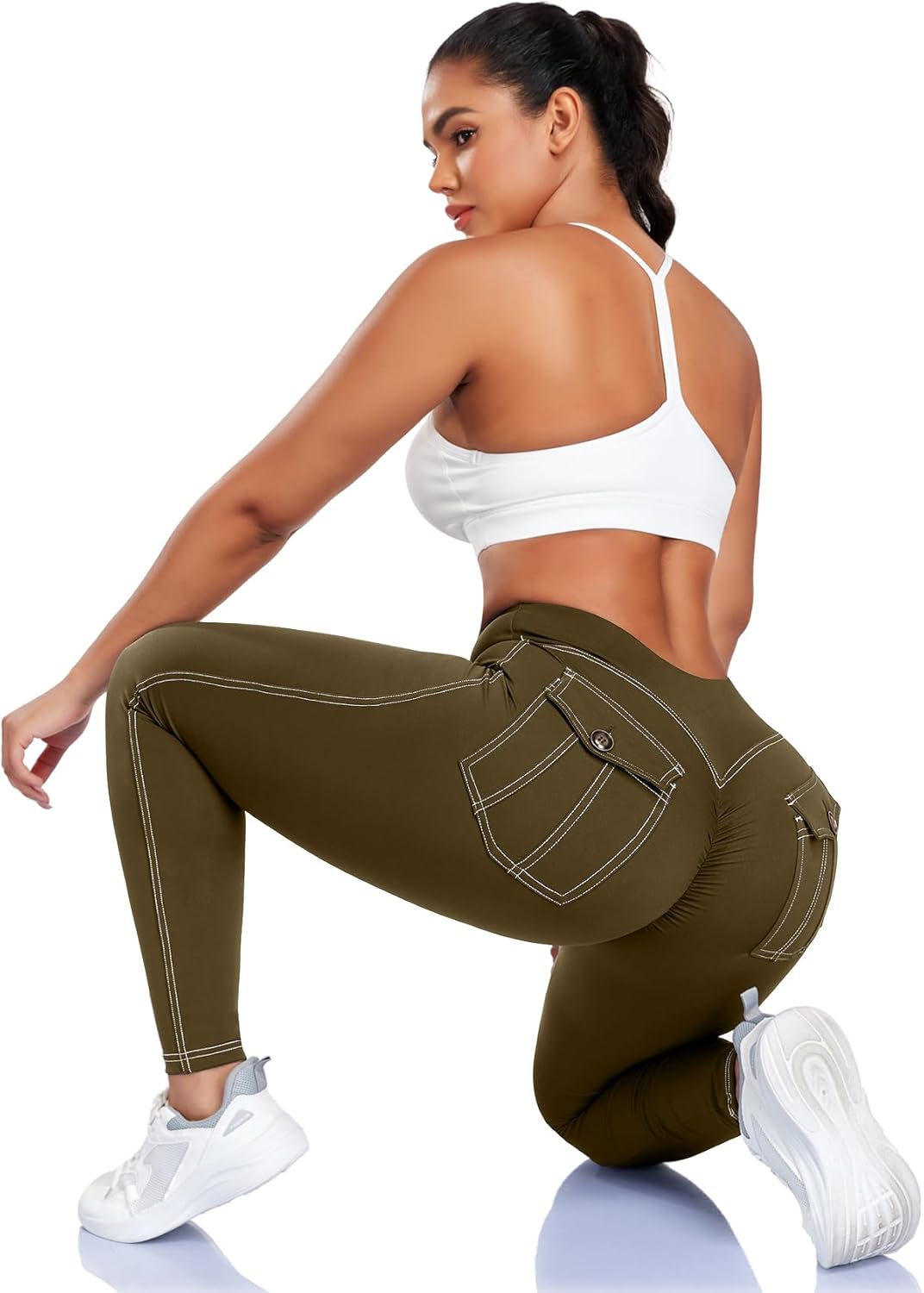 SEASUM Cargo Workout Leggings with Pockets for Women Scrunch Butt Lifting Gym Denim-Look Yoga Pants - Image 5