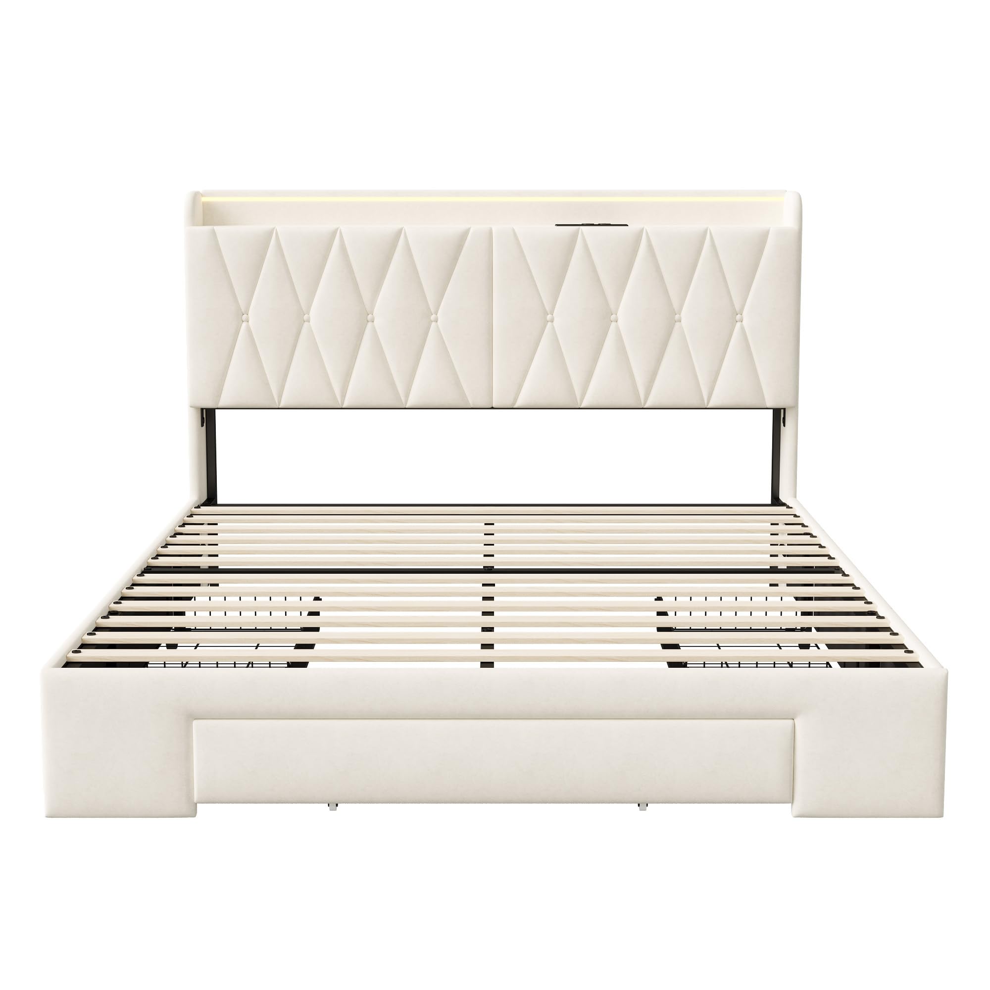 Letto imbottito con 3 cassetti, testiera, letto matrimoniale, 160 x 200 cm, letto matrimoniale funzionale con vano portaoggetti, letto imbottito con rete a doghe (beige + velours-A, 160 x 200