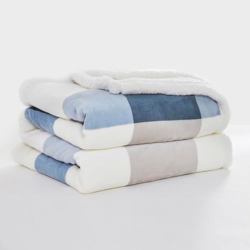 Miniatura 9 de PU MEI Manta de forro polar Sherpa de 50 x 60 pulgadas reversible de felpa esponjosa para sofá o cama color gris y azul suave