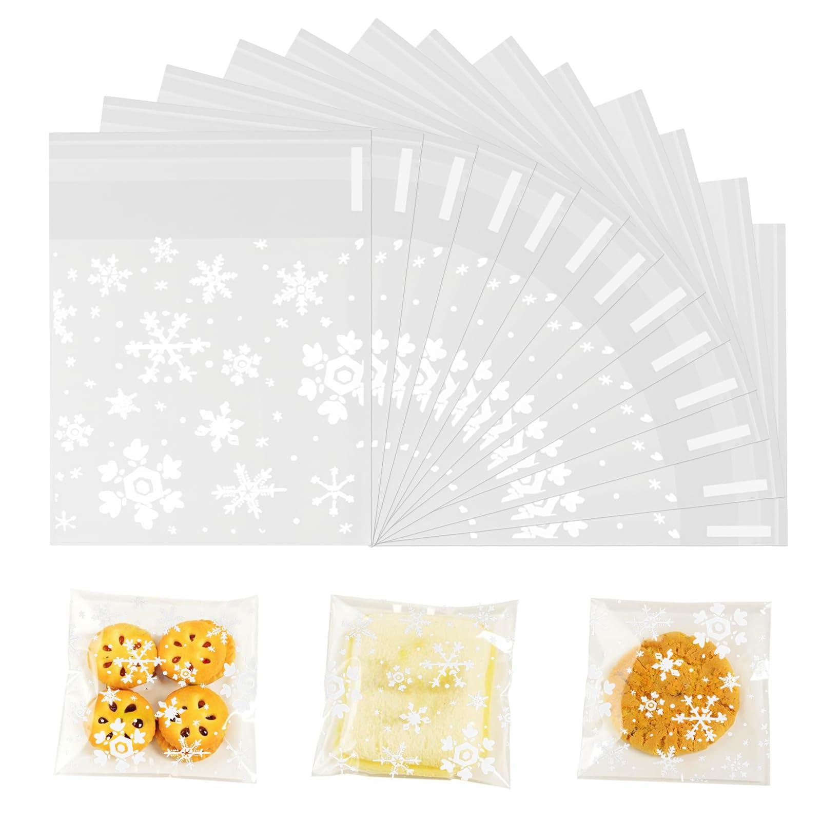 FINEASY 200 Pcs Self-Adhesive Heart-Patterned OPP Biscuit Bags, 10 x 10cm Sweet Self Seal Cellophane for Food, Candy, Jewelry and Gift (White Snowflake)