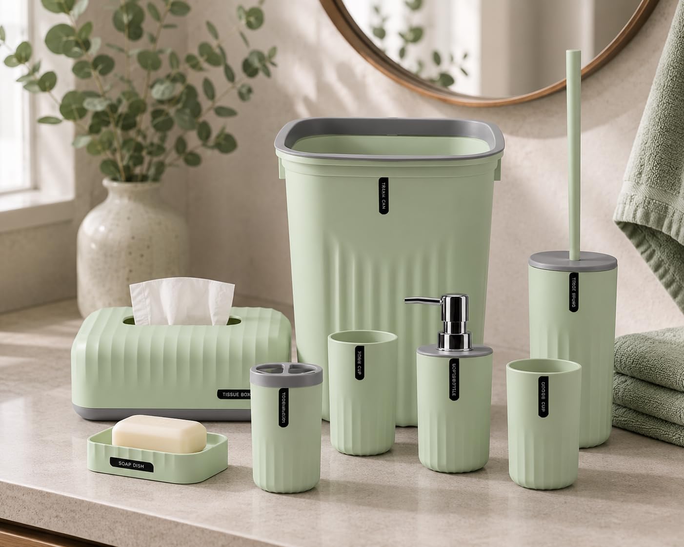 Amazon Brand - Solimo 8-Piece Plastic Bathroom Accessories Set, Modern Bath Ensemble with Trash Bin, Soap Dispenser, Toilet Brush, Toothbrush Holder, 2 Gargle Cups, Soap Dish, Tissue Box (Light Green)-image-31