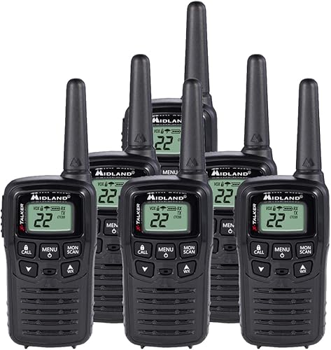 Midland T10 - Walkie Talkie FRS de 22 canales, radio bidireccional de hasta 20 millas, color negro (paquete de 6)